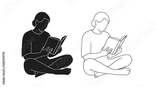 A contrasting depiction of a person seated and engrossed in a book