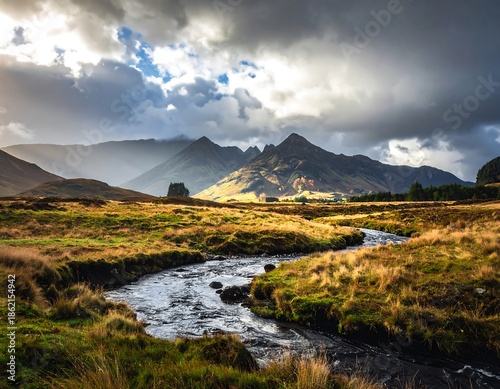 Mountain Landscape with Stream and Cloudy Sky.