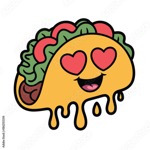 A charming cartoon taco character with heart eyes and a happy expression radiates love and delight