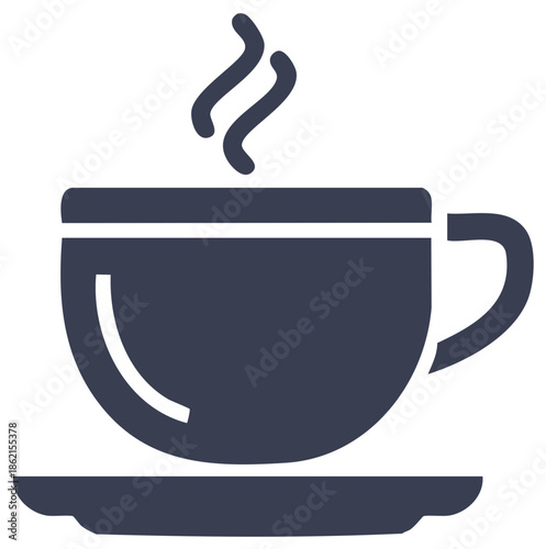 A simple flat icon of a steaming hot coffee cup on a saucer A minimalist vector graphic for a hot beverage