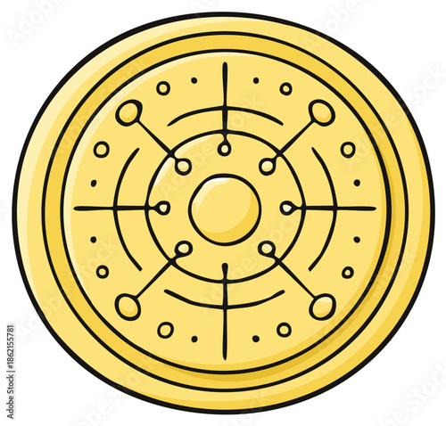 Circular illustration of a golden, decorative talisman with radial lines and dots.