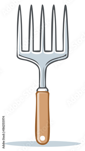 Illustrated garden fork with wooden handle for turning or aerating soil outdoors