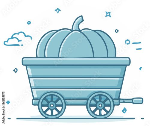 Whimsical illustration of a harvest wagon carrying a large pumpkin under a starlit sky with whimsical clouds