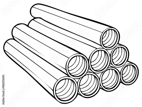 Industrial pipes stacked in a pile, monochrome line art illustration