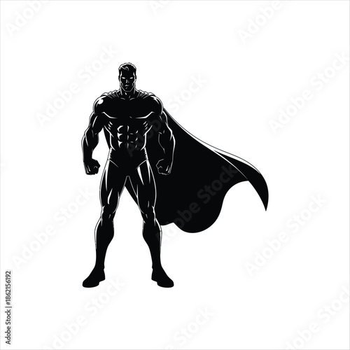 A striking silhouette of a superhero with a flowing cape is depicted