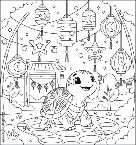 Cute Cartoon Turtle at Lantern Festival Garden, Black and White Line Art Illustration for Kids Coloring Book, Fantasy Night Scene with Hanging Lanterns Outline Drawing

