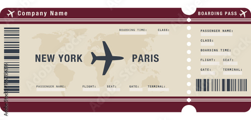 Vintage style airline boarding pass illustration for international travel, showing flight details