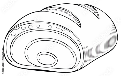 Hand drawn black and white line art of a rustic artisan bread loaf