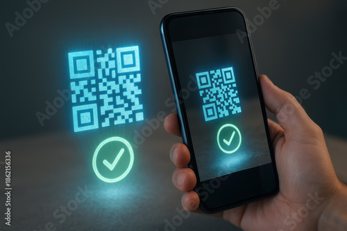 Qr code verification checkmark smartphone scan hologram A close-up a hand holding a phone scanning a glowing QR code hologram with green checkmark confirming secure verification