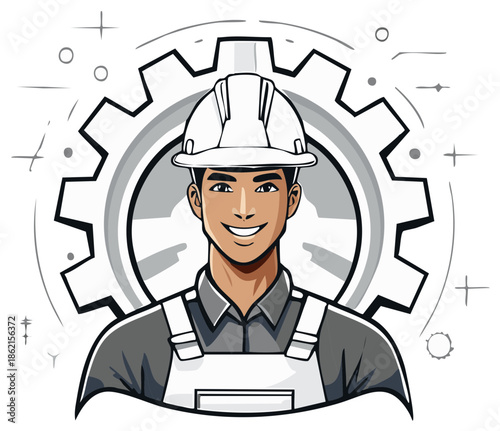 Friendly male industrial worker or engineer in a hard hat against a gear cogwheel icon