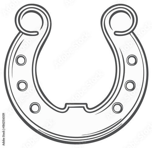 Iron horseshoe symbol with holes, line art, classic design, vector illustration