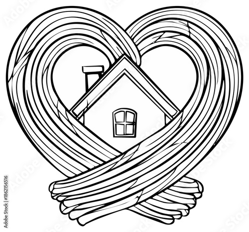 House nestled within a heart symbol made of woven straw lines