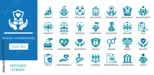 Social Governance Solid Icons. Including democracy, ESG, human rights, and social justice symbols. Editable vector for public policy, non-profit apps, and corporate reports