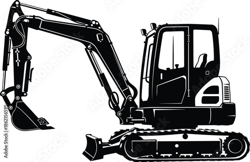 Black silhouette excavator vector illustration, heavy construction machinery icon, isolated digger backhoe equipment for building site and industrial earthmoving project work