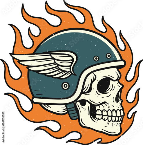 Fire skull In winged helmet vector, skull wear helmet with wings illustration, skull wearing a motorcycle helmet with wings and flames, vector illustration