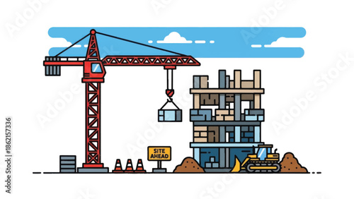 Construction site with crane and building under development.