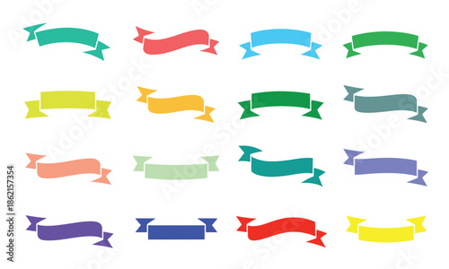 A collection of colorful ribbon banners in various shades arranged on a clean white background showcasing design elements