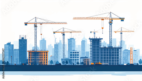 Construction site with multiple cranes and buildings under development 1.