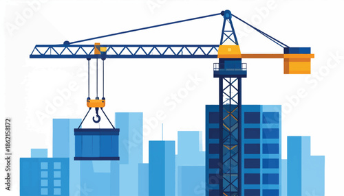 Tower Crane Lifting Container at Construction Site.