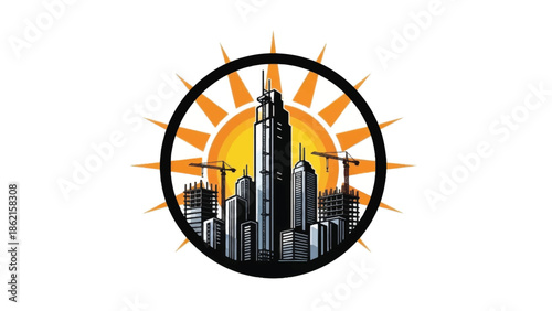 Urban skyline with sun and construction cranes in a circular frame.