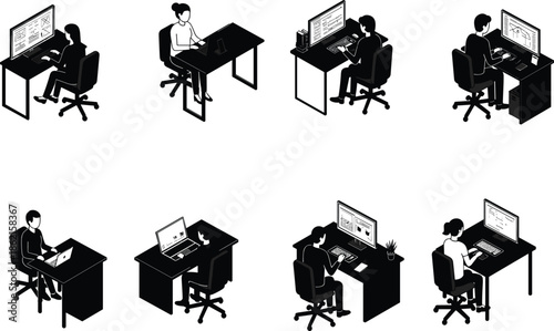 Office, workspace, computer, desk, people, working, technology, digital, productivity, business, professional, laptop, monitor, seated, illustration, isometric, job, employee, modern, equipment