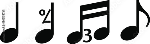 Black silhouette music notes set, musical symbols for composition and design, melody and rhythm icons isolated on white background vector illustration collection