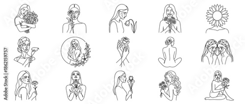 A collection of minimalist line art illustrations depicting women with flowers.
