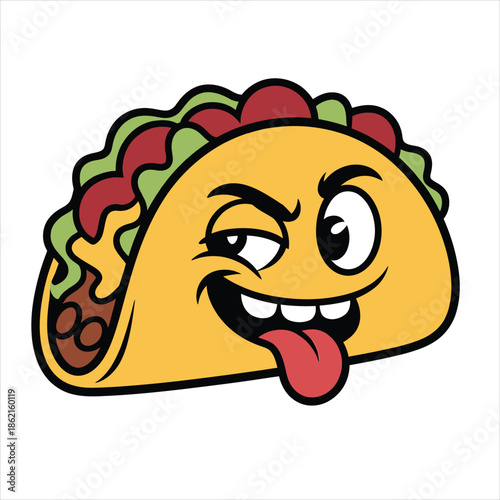 A playful cartoon taco character with a mischievous expression sticking its tongue out is presented