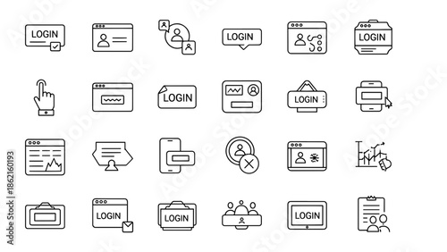 A collection of twenty-one black and white line icons showcasing various login and user interface concepts. Depictions include windows, screens, and hand gestures