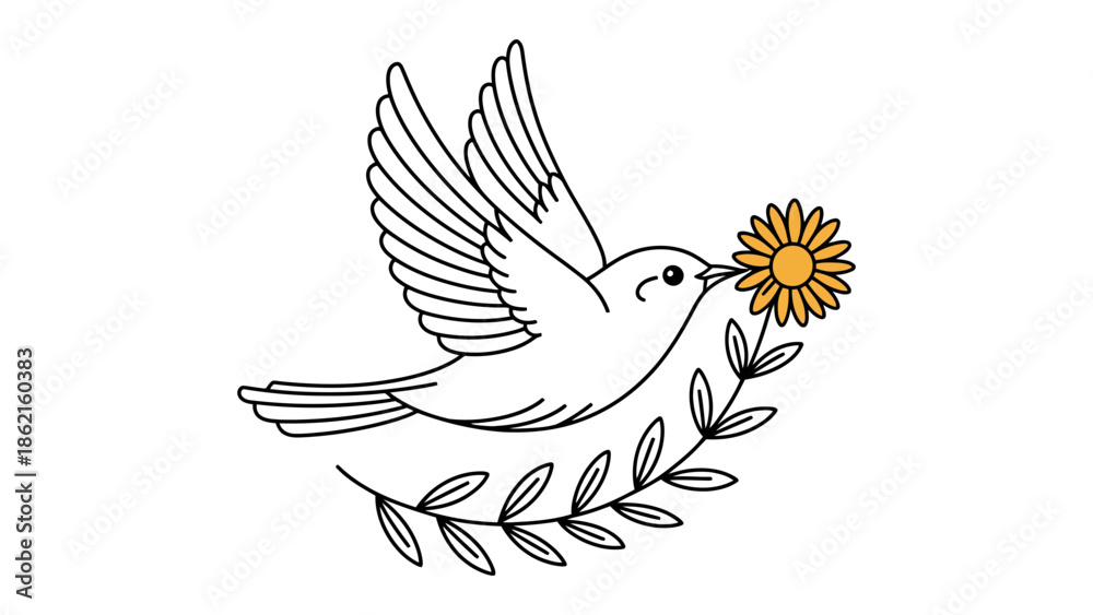 Obraz premium A white dove carries a sunflower and olive branch in its beak.