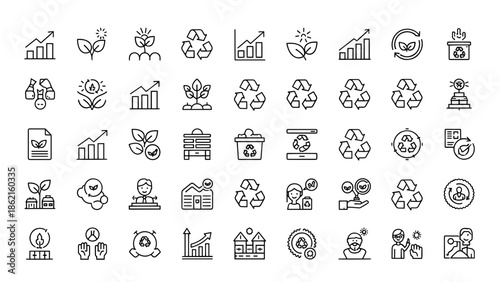 A collection of various line drawings depicting themes of growth, recycling, and sustainable living, featuring plants and people