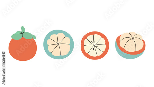 A whole mangosteen and three sliced mangosteens are displayed.