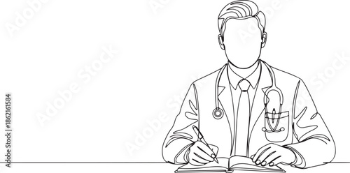 Continuous single line illustration of a medical doctor taking notes. Minimal line art style vector.eps