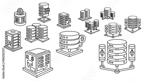 A collection of stylized, isometric server illustrations in black and white, depicting data storage and processing equipment