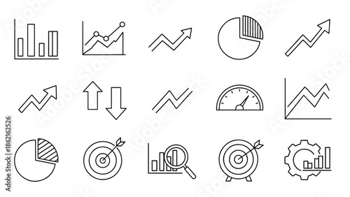 A collection of simple line art icons depicting various charts, graphs, and performance indicators