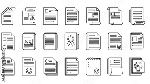A collection of simple line art icons depicting various documents, certificates, and sheets of paper with different layouts and details