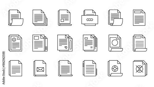 A collection of simple line art icons depicting various documents, including documents with attachments and different symbols