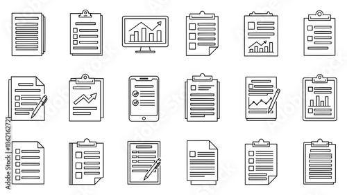 A collection of simple line art icons featuring documents, checklists, graphs, charts, and a smartphone displaying task lists. These icons are likely to represent a business or productivity concept