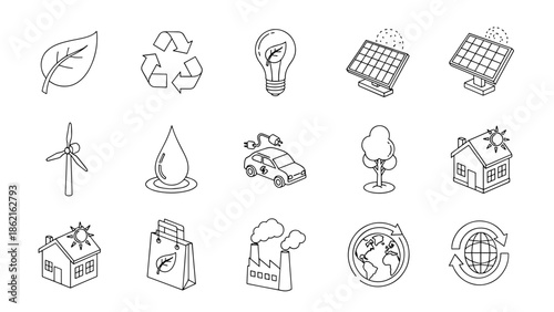 A collection of simple line art icons. Included is a leaf, recycling symbol, lightbulb, solar panels, wind turbine, water drop, electric car, tree, house, factory, and world