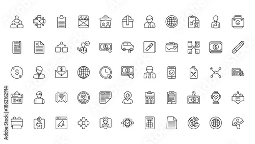 A collection of simple black-and-white outline icons representing various business-related concepts, with people, documents, and money