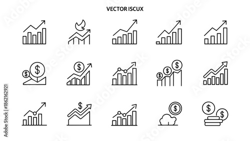 A collection of simple line art icons representing financial growth, including charts, graphs, and currency symbols