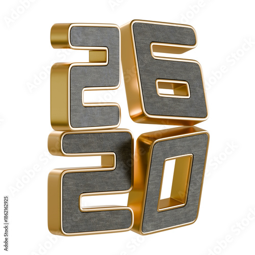 Luxury Gold 2026 Year Number Design Isolated. Elegant 3D Render of Future Date with Charcoal Texture and Golden Trim.