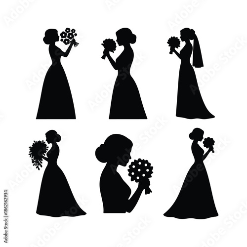 Bride Silhouette Smelling Bouquet Icon Vector