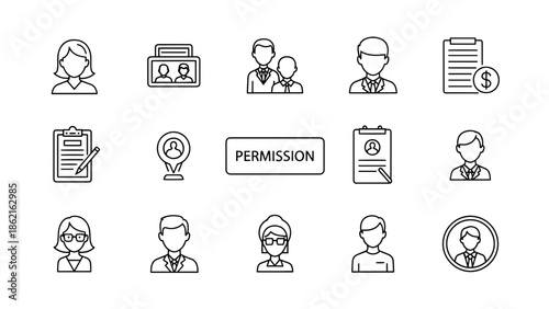 A collection of simple line art icons. The icons depict people, forms, locations, and other business related elements. The word permission is in the center