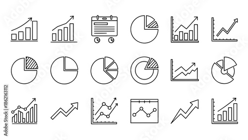 A collection of simple black-and-white line drawings representing different charts, graphs, and a calendar symbol, indicative of data analysis