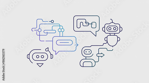 Chatbot and AI communication flow abstract technology concept with robots and speech bubbles clean vector illustration for digital services