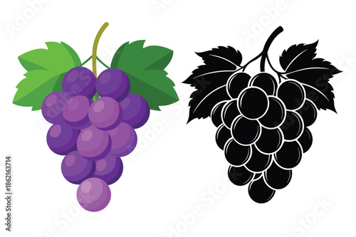 Bunch Of Purple Grapes With Leaves In Realistic And Silhouette Styles fruit food.