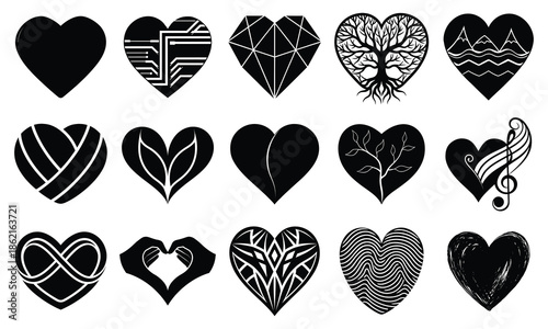 Collection Of Fifteen Black Heart Shapes With Diverse Designs And Patterns love symbol.