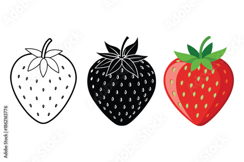 Three Stylized Strawberries Outline Silhouette and Full Color Vector strawberry fruit.