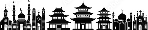 Religious building icons, church mosque synagogue temple silhouettes, faith architecture symbols, cultural diversity, spiritual landmarks, black and white flat vector